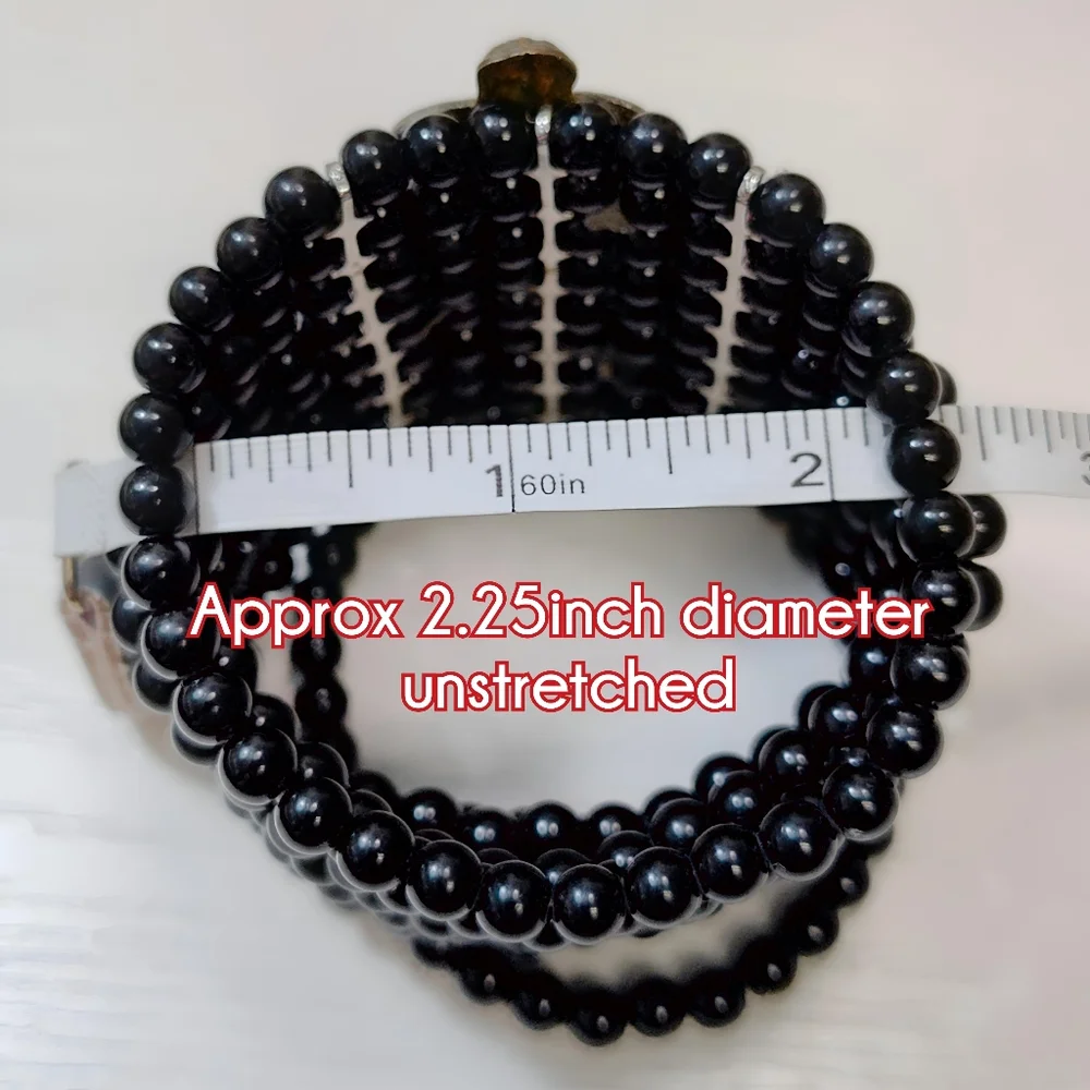 Upcycled Hand Crafted Extra Wide Black Bead Rhinestone Brass Cherub Bracelet - Picture 12 of 13
